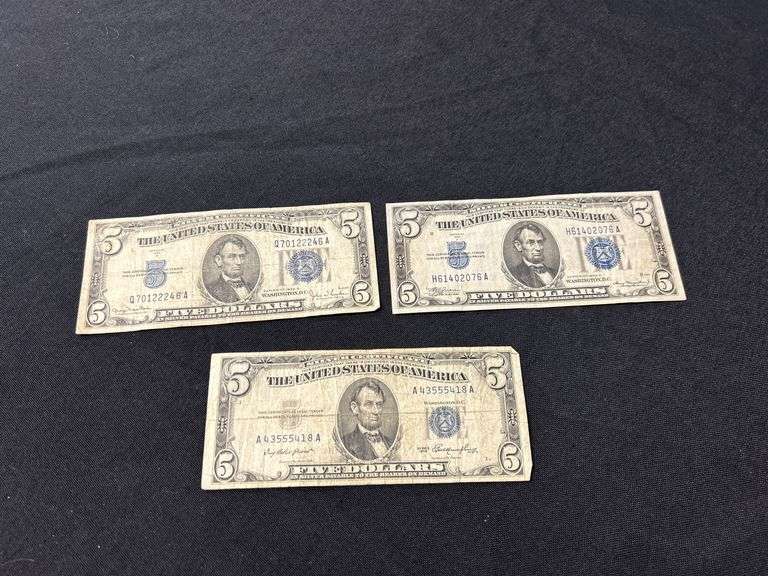 Three 1934 Series $5 Silver Certificate Notes