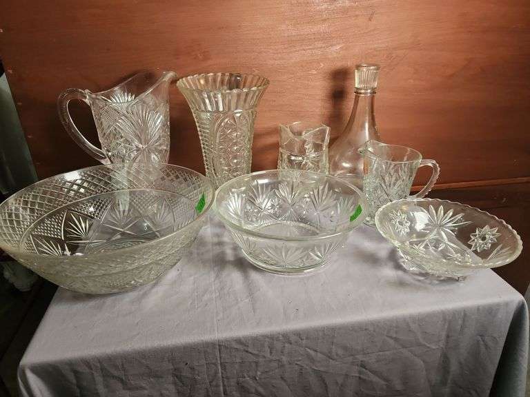 Assorted Pressed Glass Pitchers, Bowls and Decanter image