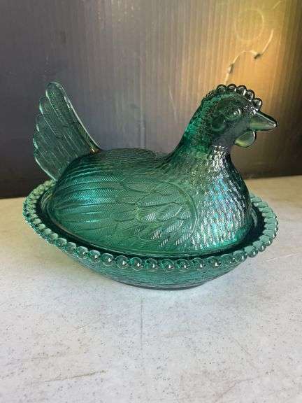 Green Glass Hen on Nest Covered Dish