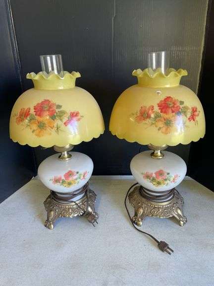 Pair of Floral Accent Table Lamps with Yellow Shades