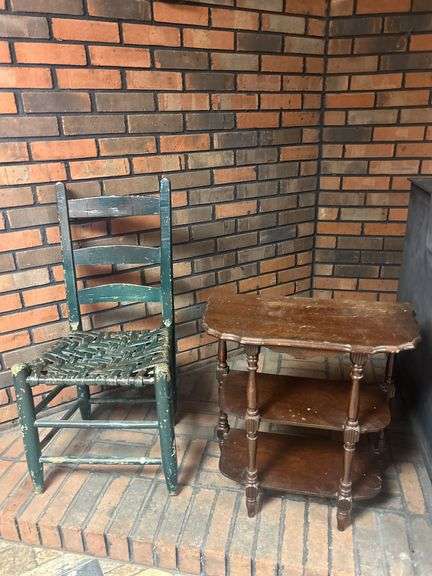 Wooden Chair with Woven Seat and Three-Tier Side Table image