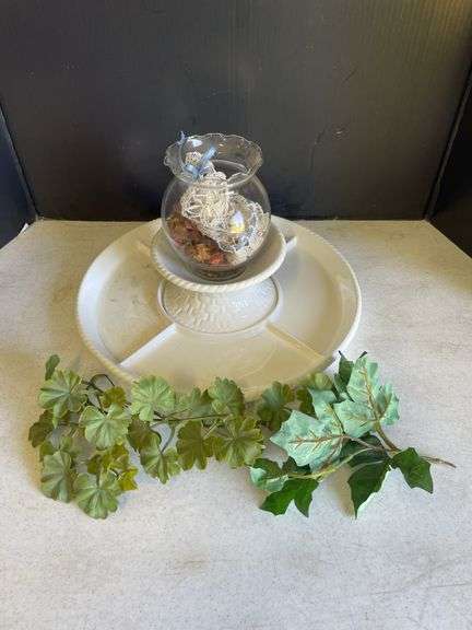 Decorative White Serving Platter with Bowl and Glass Floral Arrangement