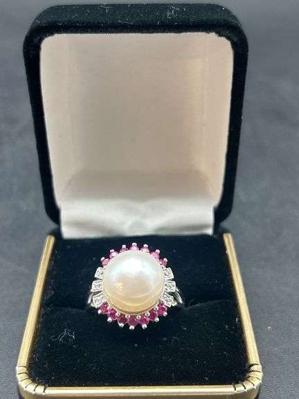Pearl, Ruby and Diamond Ring - Sterling Silver 925 image