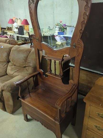 Ornate Hall Tree Bench with Mirror