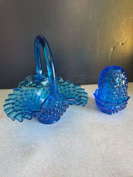 Blue Glass Basket with Matching Candle Holder