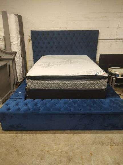 BLUE VELVET QUEEN SIZE BED WITH STORAGE ON SIDES AND END OF BED - BOX SPRING AND MATTRESS WILL BE GIVEN TO BUYER IF WANTED