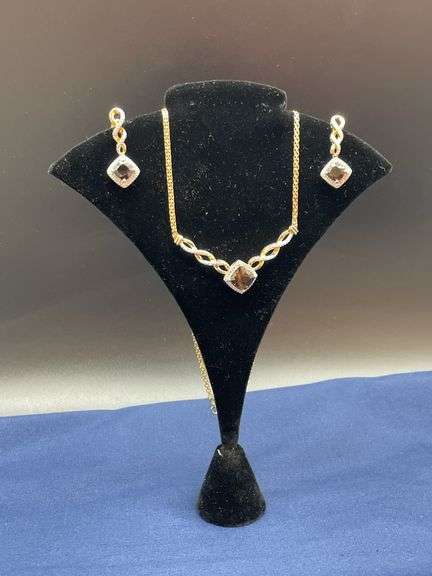 Gold Tone Necklace and Earring Set with Brown Stones image