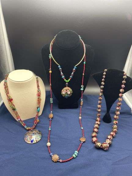 Group of Beaded Necklaces with Enamel Pendants image