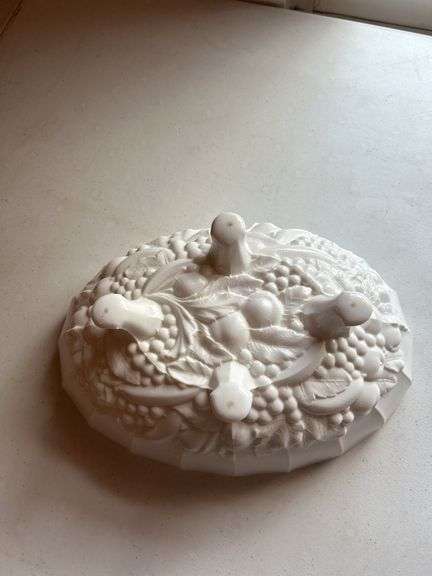 White Milk Glass Footed Bowl with Grape and Fruit Design