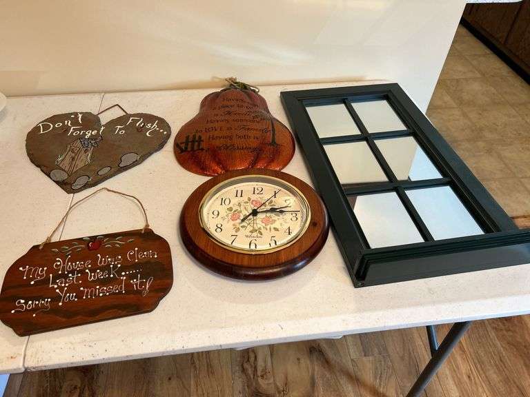 Mixed Home Decor Lot: Mirror, Clock, and Wall Hangings image