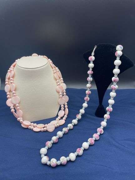 Two Beaded Necklaces - One Pink Shell and One Floral Porcelain image
