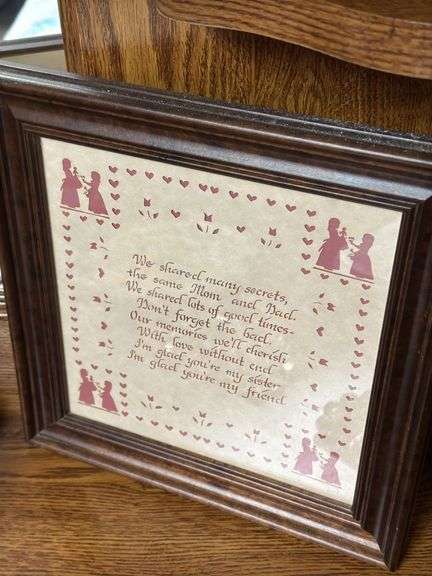 Assorted Decorative Collectibles: Framed Art, Mini Red Wagon, Floral Plaque, and More