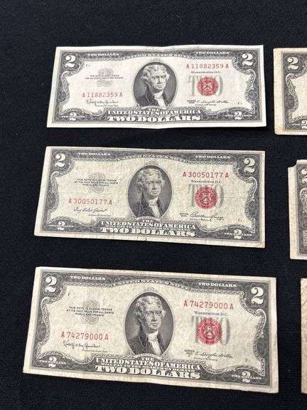 Lot of Six (6) Red Seal Two Dollar Bills