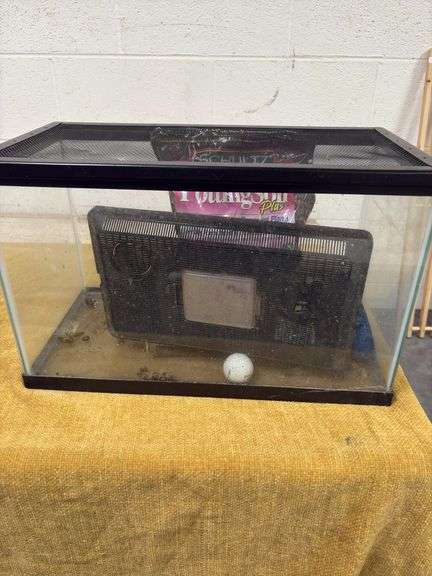 10 GALLON AQUARIUM, BAG OF POTTING SOIL, FUNNEL, AND LID image
