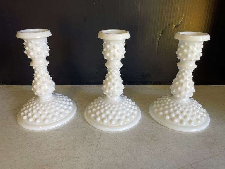 Set of 3 Milk Glass Hobnail Candlestick Holders