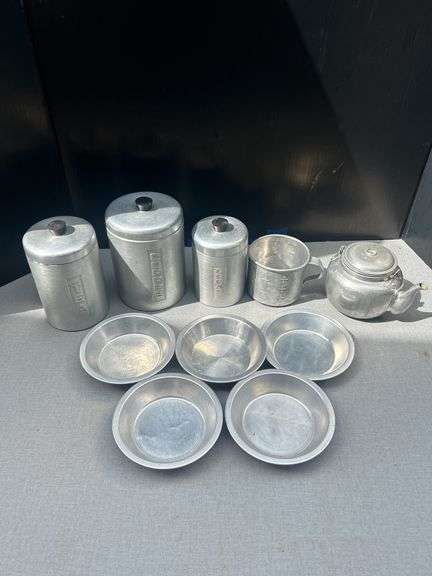 Aluminum Kitchenware Collection: Tea Pot, Canisters, Measuring Cup and Bowls image