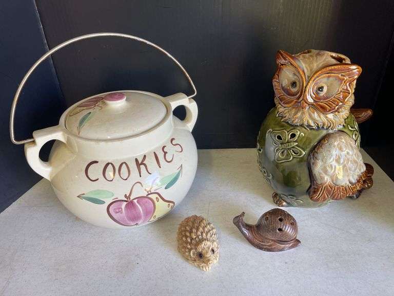 Ceramic Cookie Jar, Owl Container, and Figural Salt/Pepper Shakers