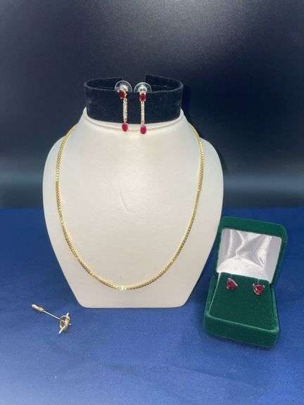 Gold Tone Necklace with Red Stone Accent Jewelry Set image