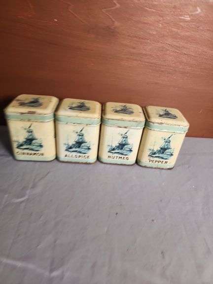 Set of 4 Metal Spice Tins with Delft-Style Windmill Design image