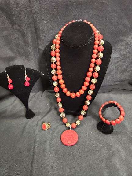 Coral Bead Jewelry Set - Necklace, Bracelet & Earrings image