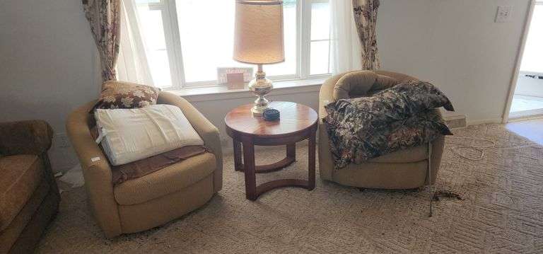 Pair of Swivel Chairs with Wooden Lamp Table image