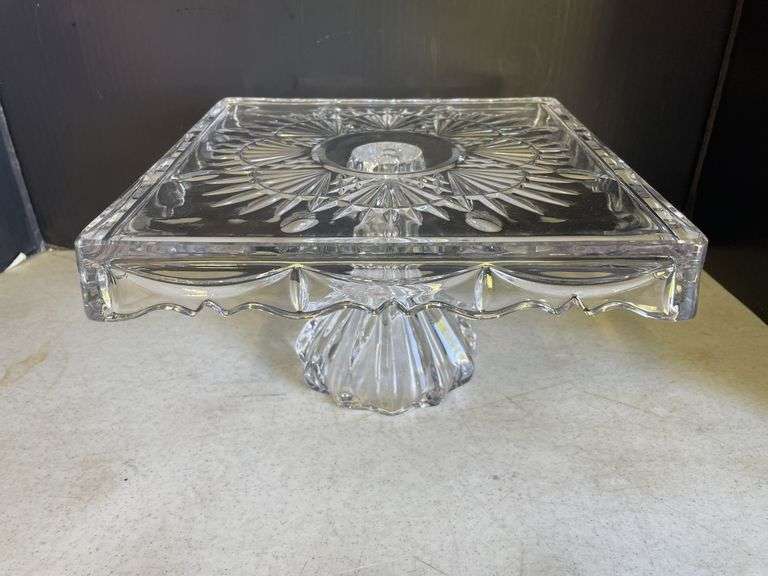 Elegant Clear Glass Square Cake Stand with Embossed Design