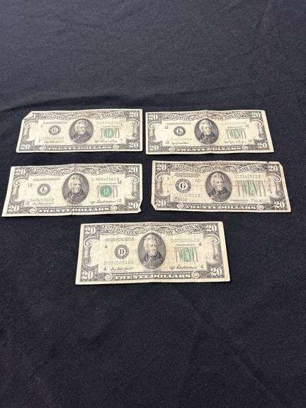 Group of Five US $20 Federal Reserve Notes