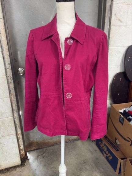 WOMENS- CHRISTOPHER & BANKS- SIZE LARGE- BUTTON UP- CRANBERRY COLOR- THIN JACKET- image