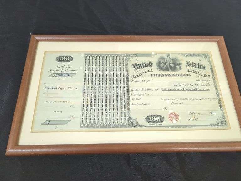 Framed 1873 United States Internal Revenue Document for Wholesale Liquor Dealer image