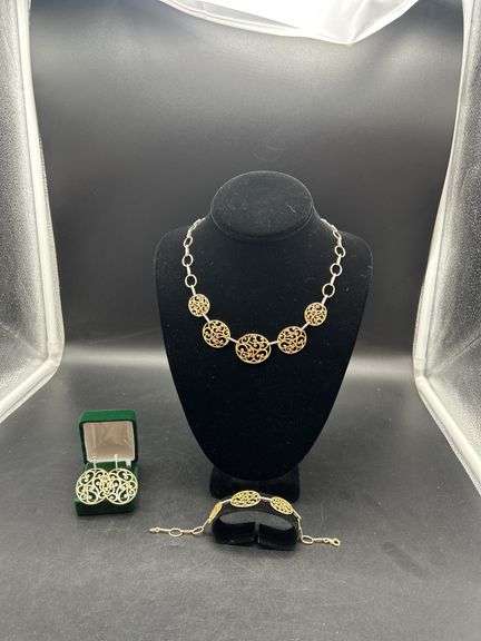 925 Sterling Silver Gold Tone Necklace, Bracelet and Earrings Set image