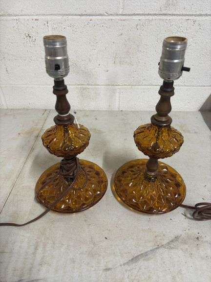 TWO VINTAGE AMBER GLASS LAMPS image