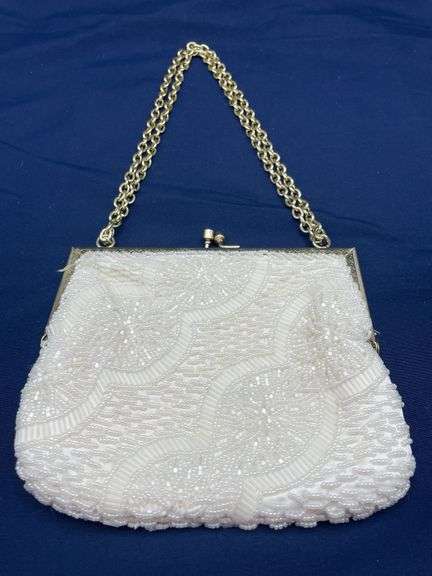Elegant White Beaded Evening Purse with Gold Chain image