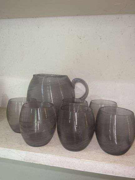 Amethyst Ribbed Glass Pitcher and Tumbler Set image