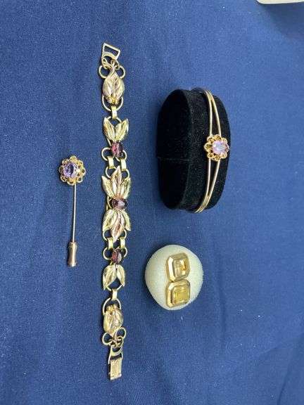 Gold Tone Jewelry Lot: Bracelet, Stick Pin, Cuff, and Earrings image