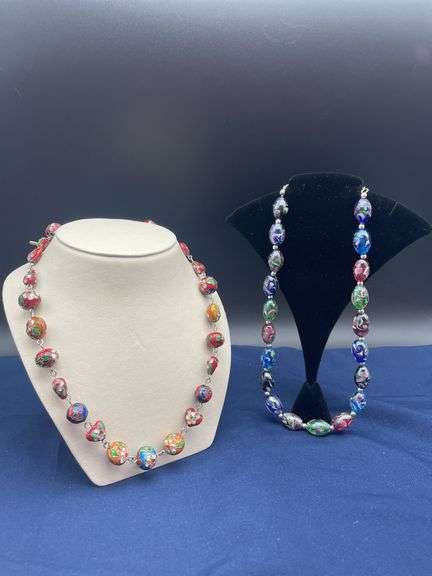 Two Beaded Necklaces with Colorful Floral Designs image
