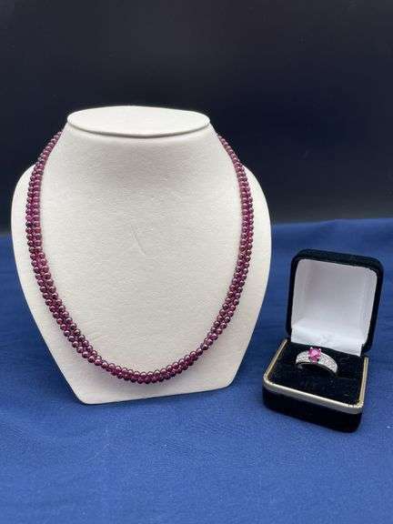 Red Stone Ring with Marked .925 Silver Band and Red Bead Necklace image