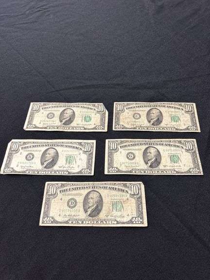 Lot of Five $10 United States Federal Reserve Notes