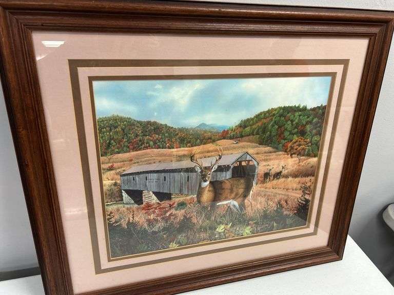 Framed Print by Steve St. Clair - Deer and Covered Bridge