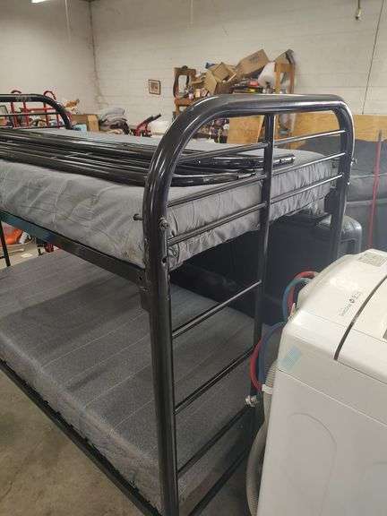 TWIN OVER TWIN BUNK BEDS WITH BUILT IN LADDER IN EACH END WITH TOP SAFETY RAILS - MATTRESSES WILL BE GIVEN TO BUYER IF WANTED