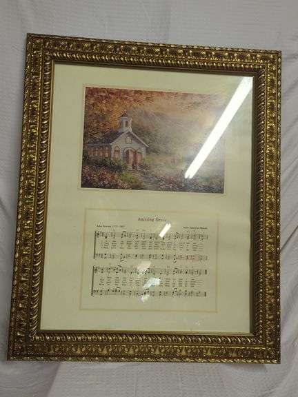 Framed Print of Church and Amazing Grace Sheet Music