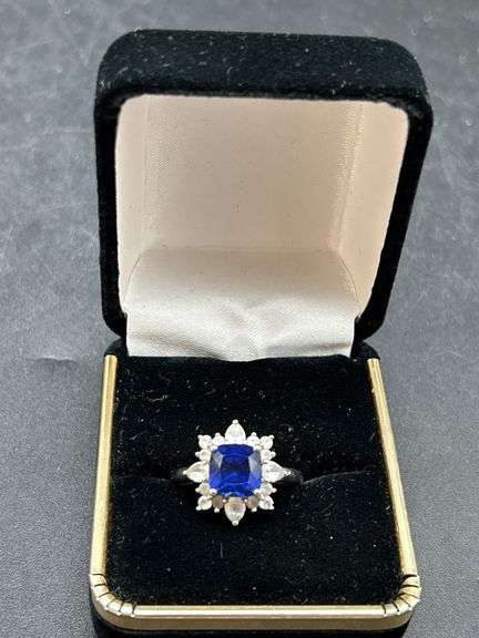 925 Sterling Silver Sapphire and White Stone Ring - Size 9 image