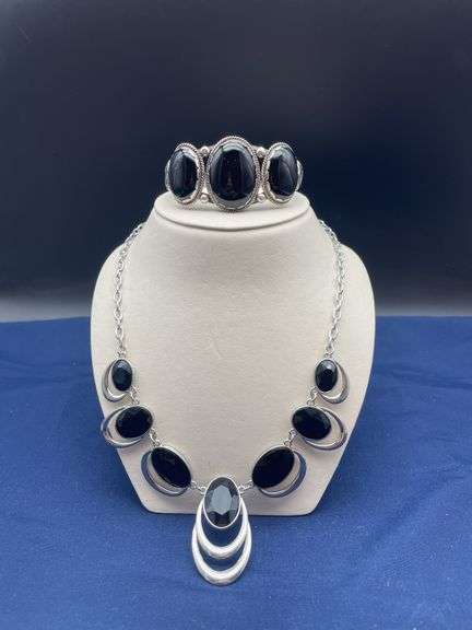 Silver Tone & Black Stone Jewelry Set: Necklace & Bracelet image