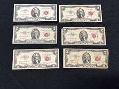 Lot of Six (6) Red Seal Two Dollar Bills