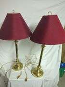 Pair of Brass Tone Lamps with Red Shades