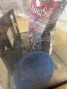 10 GALLON AQUARIUM, BAG OF POTTING SOIL, FUNNEL, AND LID