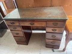 Wood Desk with Glass Top and Multiple Drawers