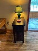Dark Wood End Table with Candleberry Candle and Lamp