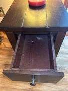 Dark Wood End Table with Candleberry Candle and Lamp