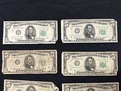 Lot of Ten US Five Dollar Bills
