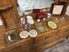 Assorted Decorative Collectibles: Framed Art, Mini Red Wagon, Floral Plaque, and More